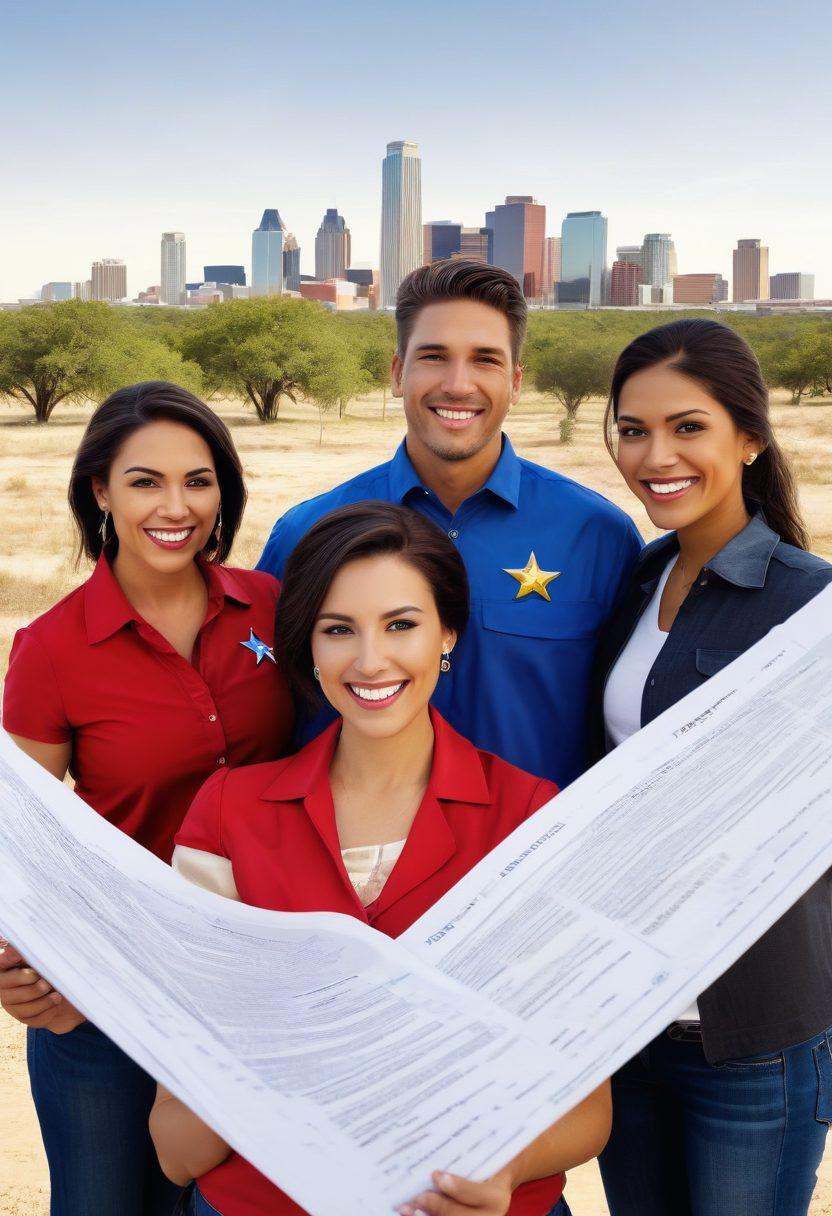 A vibrant Texas landscape with a city skyline in the background and a diverse group of smiling Texans holding financial documents, symbolizing creditworthiness. Incorporate elements like the Texas flag and a golden star to represent Lone Star Pride. The scene should radiate joy and optimism, set during a bright sunny day. super-realistic. vibrant colors. white background.