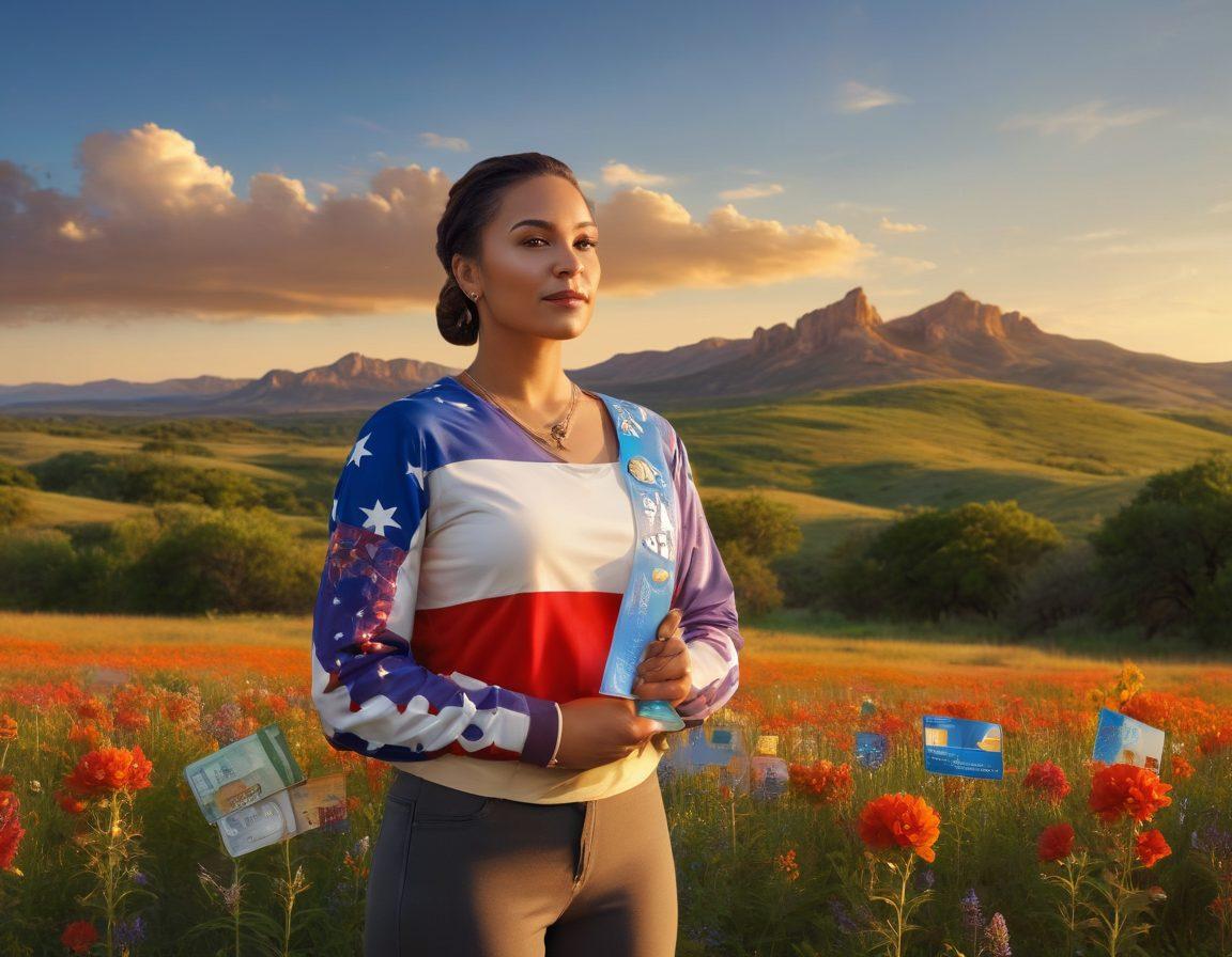 A vibrant Texas landscape featuring the lone star symbol prominently in the foreground. A confident individual stands with arms crossed, surrounded by financial icons like credit cards and dollar signs floating around them. Warm golden hues illuminate the scene, showcasing the spirit of pride and resilience. The backdrop shows a clear blue sky with rolling hills and Texas wildflowers. super-realistic. vibrant colors.