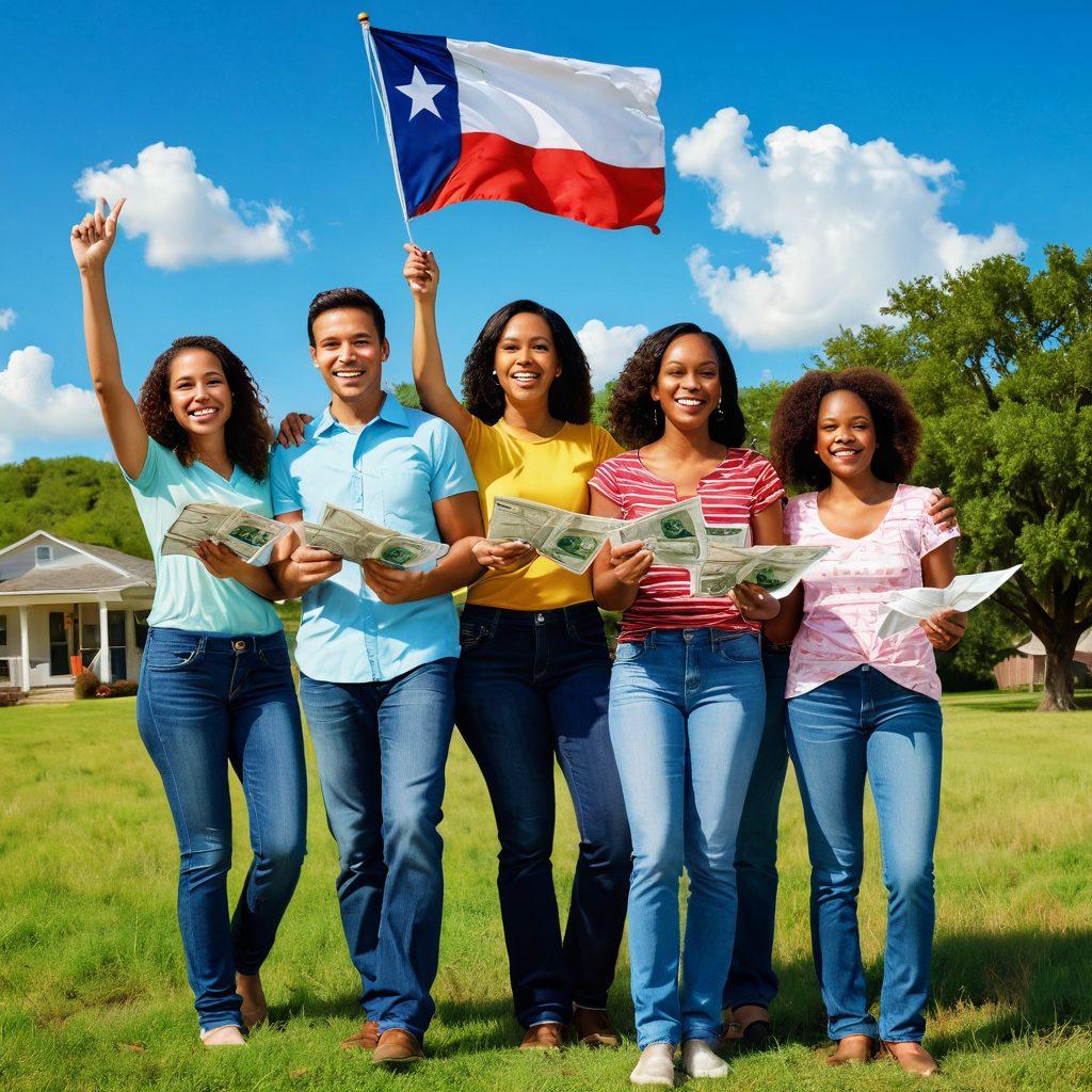 A vibrant Texas landscape with rolling hills and blue skies, illustrating a joyful family celebrating financial recovery. In the foreground, a diverse group of people holding credit reports, showing smiles and a sense of togetherness. Symbolic elements like dollar signs, piggy banks, and pie charts that float above them. The background features the iconic Texas flag waving proudly. super-realistic. vibrant colors. 3D.